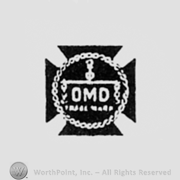 Letters OMD and a pair of chains, all inside a circle over a cross.