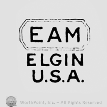 Letters EAM inside a rectangle, written above words ELGIN USA.