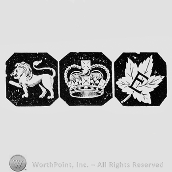 Lion, crown and a leaf with letter E over, each inside a dark square.