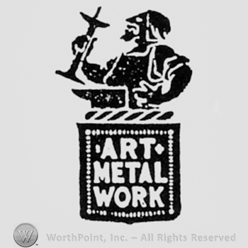 Iron man holding a tool above a worktable; words ART METAL WORK written on.