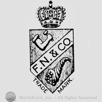 Letters F, N and CO written on a crowned shield; also an arm and a horn on the shield.