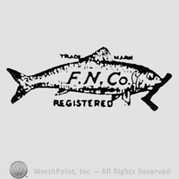 Letters F, N and CO written on a fish with letter L; word REGISTERED written bellow.