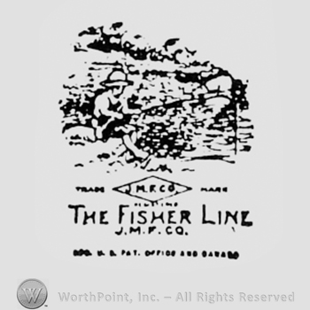 Picture of a fisherman above words THE FISHER LINE and letters J,M,F and Co inside a diamond.
