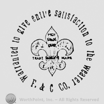 Fleur-de-lis inside a circle made by words WARRANTED TO GIVE ENTIRE SATISFACTTON TO THE WEARER.