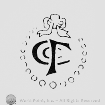 Monogram of letters T and C inside a dotted circle; ribbon above.
