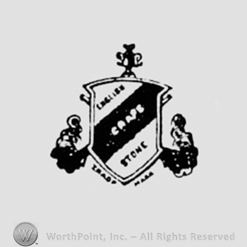 Crowned shield with an oblique black line and some words written on it.