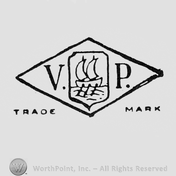 Letters V and P inside a diamond; also the image of a boat.
