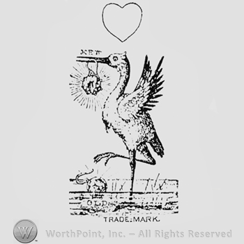 Bird with one earring in its beak and the pair on the ground; a heart above and TRADE MARK written bellow.
