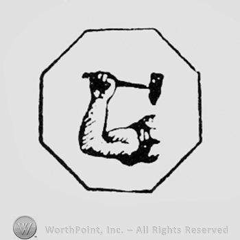 Arm with a hammer inside an octagon.