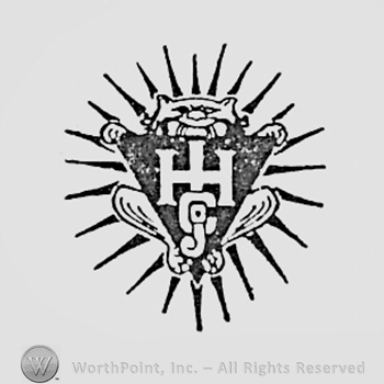 Monogram of letters HJCO over a black triangle, and an animal like a cat sitting behind.