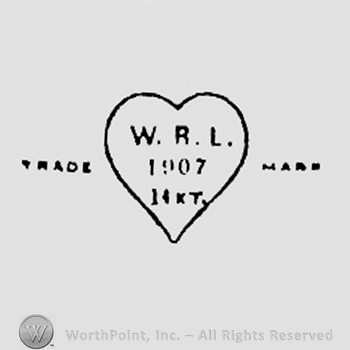 Letters WRL, year 1907, and 14kt, all written inside a heart; TRADE MARK written one side and another.