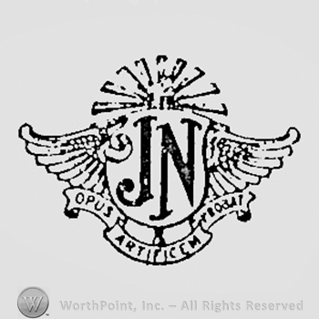 Winged letters JN, and words OPUS ARTIFICEM PROBAT written bellow.
