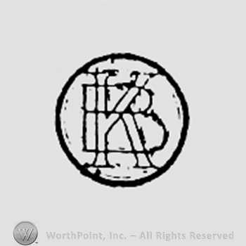 Monogram of letters K and B, inside a circle.