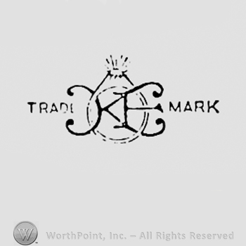 Monogram of letters KE inside a ring and TRADE MARK written one side and another.