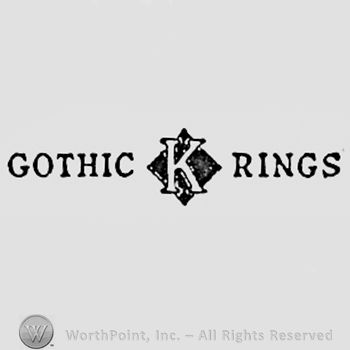 Words GOTHIC RINGS, letter K and dark diamond behind.