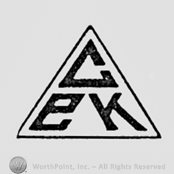 Triangle, letters E and K, all inside a triangle.