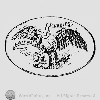 Bird and words AUSTRALIAN PEBBLES, inside an oval.