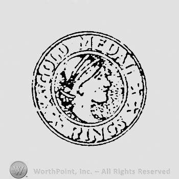 Woman's head inside a circle; GOLD MEDALS RINGS written on the edge.