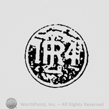 Monogram of letters LR and number 10, all over a dark circle.