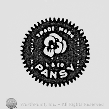 Flower and words TRADE MARK written above, PANSY written bellow; all over a dark circle.
