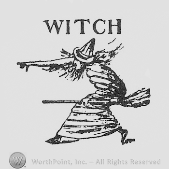 Witch on a broom; word WITCH written above.