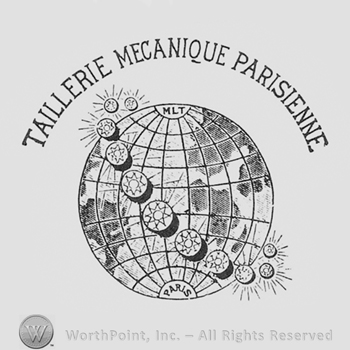 Words TAILLERIE MECANIQUE PARISIENNE written above a globe with little diamonds arround it.