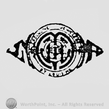 Monogram of some letters inside a circle, over a diamond.