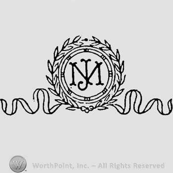 Monogram of letters MJ inside a circle formed by branches.
