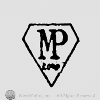 Monogram of letters MP inside a diamond.