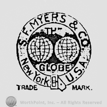 Two globes and words SF MYERS & CO NEW YORK USA, all inside a circle.
