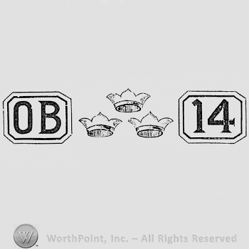 Letters OB inside a square, three crowns and number 14 inside a square.