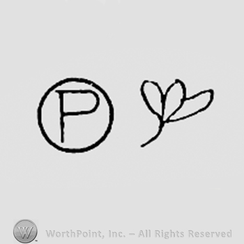 Letter P inside a circle and a flower.
