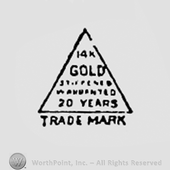 Words 14K GOLD WARRANTED 20 YEARS TRADE MARK written inside a triangle.