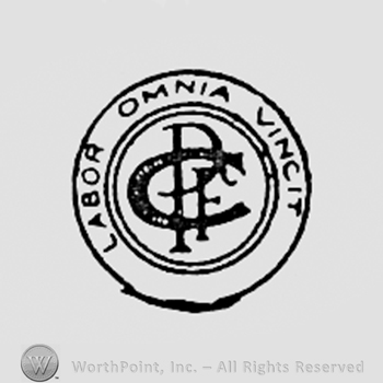 Monogram of words PFC inside a circle; words LABOR OMNIA VINCIT written on the edge.