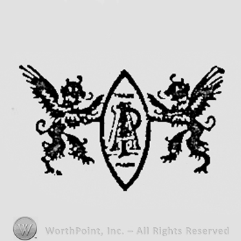 Winged lions around an oval with letters AP.