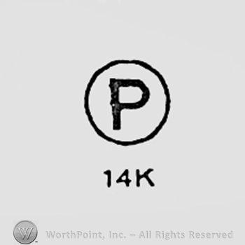 Letter P inside a circle and 14K written bellow.