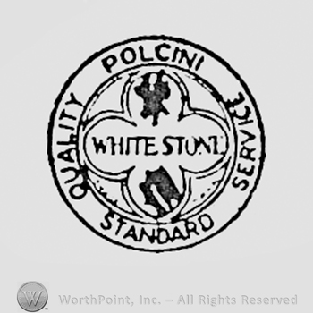 Words WHITE STONE and two shapes inside a clover; words QUALITY POLCINI SERVICE STANDARD written on the edge of a circle.