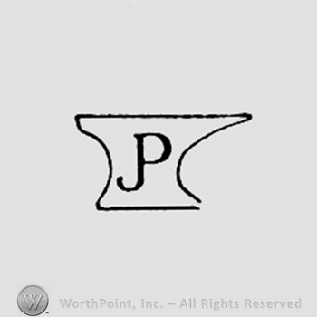 Monogram of letters JP inside a shape.