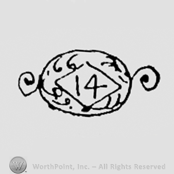 Number 14 inside a diamond with oval shape frame.