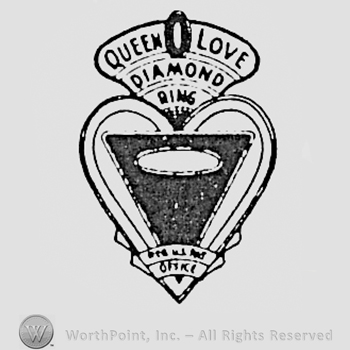 Black triangle inside a heart; words QUEEN LOVE DIAMOND RING written above.