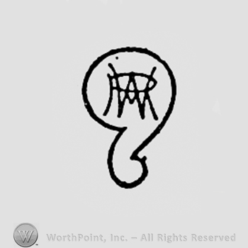 Monogram of letters W,A and O, inside a shape like a snake head.