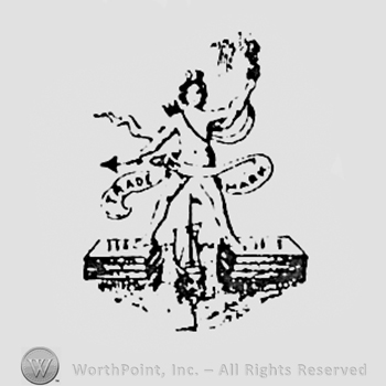 Statue over a bridge with an arrow in one arm and a torch in the other; a boat bellow.