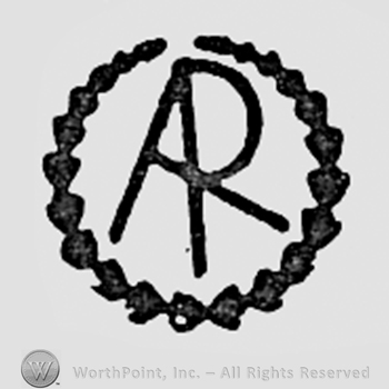 Monogram of letters A nd R inside a circle made from branches.