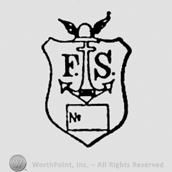 Letters F and S, an anchor and a rectangle, all on a shield with a winged hat.