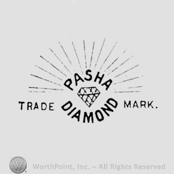 Words PASHA DIAMOND TRADE MARK written arround a diamont.