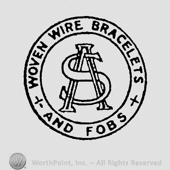 Monogram of letters A and S inside a circle; words WOVEN WIRE BRACELETS AND FOBS written on the edge.