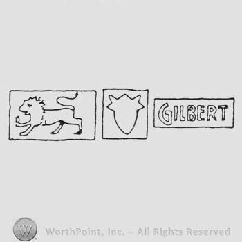 Lion inside a rectangle, shield inside a square and word GILBERT written inside a rectangle.