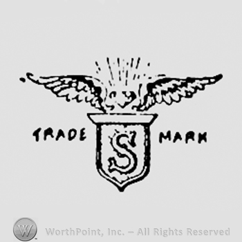 Letter S on a shield with wings; TRADE MARK written one side and another.