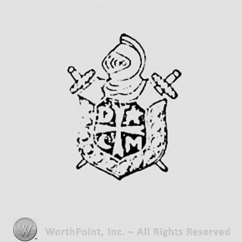Letters D and M, a cross and a crescent, all on a shield with helmet and swords.