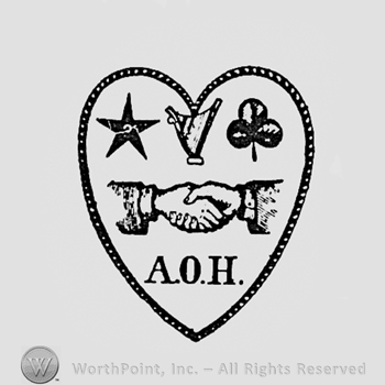 Two hands, star, clover and letters A.O.H inside a heart.